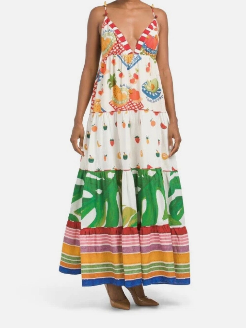 FARM RIO White Fruit Print Tiered Sundress Fruit Sleeve Anthropologie stain